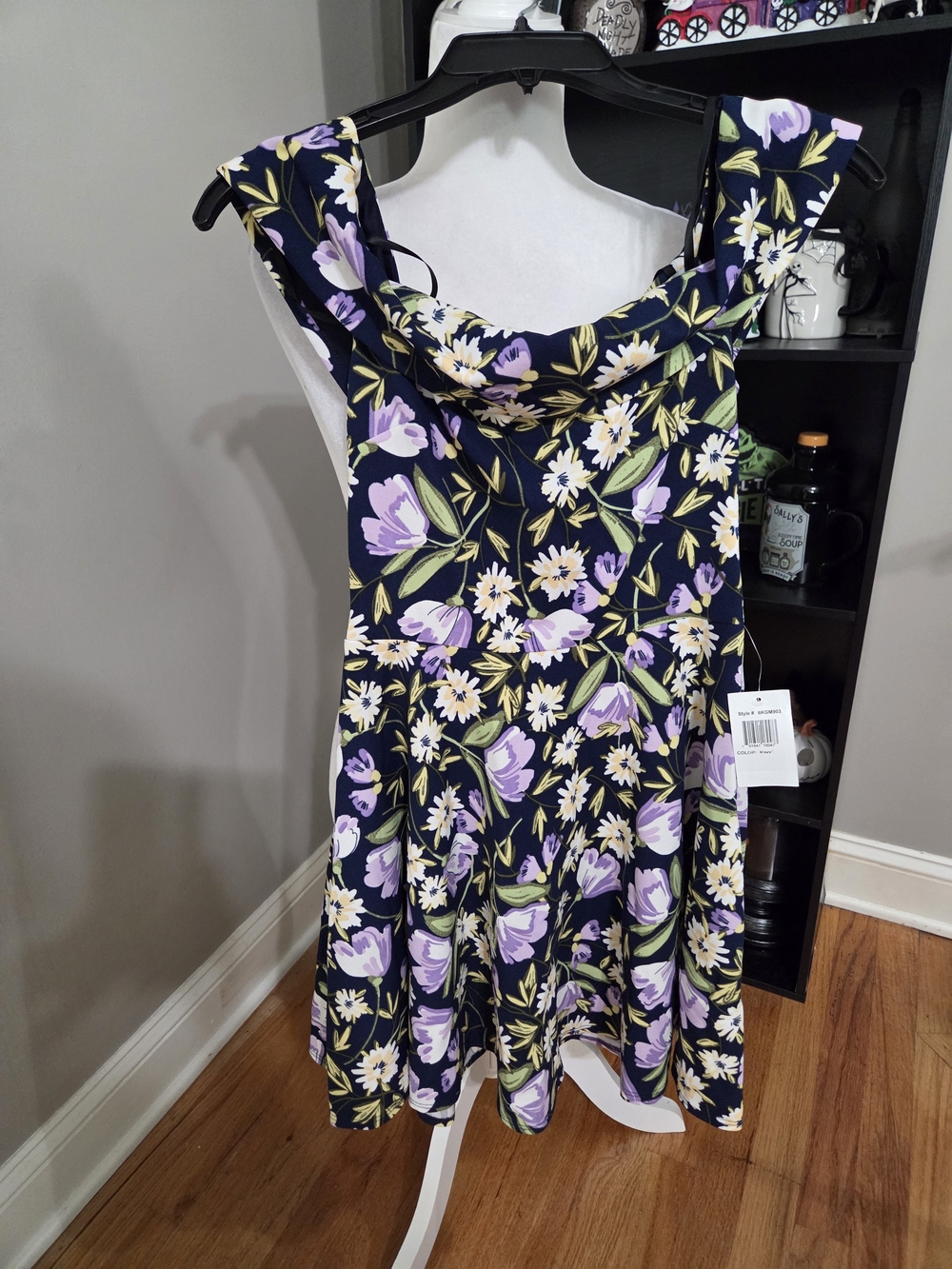 B Darlin Navy Fit & Flare Floral Dress with Lavender and Cream Blooms